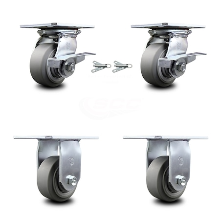 Service Caster 4 Inch Thermoplastic Rubber Caster Brakes/Swivel Locks and 2 Rigid SCC, 2PK SCC-35S420-TPRBF-SLB-BSL-2-R-2